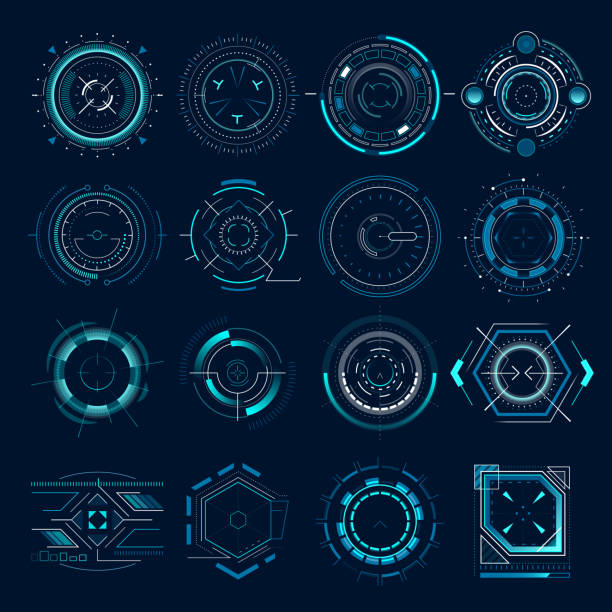 Futuristic optical aim. Military collimator sight, gun targets focus range indication. Sniper weapon target hud aiming vector icons set Futuristic optical aim. Military collimator sight, gun targets focus range indication. Sniper weapon target hud aiming modern accuracy crosshairs future weapon radar technology vector icons set bang icon stock illustrations