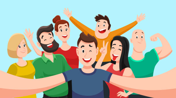 People group selfie. Friendly guy makes group photo with smiling friends on smartphone camera in hands vector cartoon illustration People group selfie. Friendly guy makes group photo with smiling friends on smartphone camera in hands, taking self portrait photos. Telephone photography vector cartoon illustration friends laughing stock illustrations