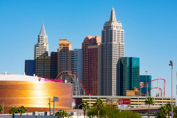 Las Vegas, Nevada, USA - November 09, 2018: Panoramic view of Las Vegas skyline.  Major hotels and casinos are located on Las Vegas Blvd including MGM, Aria, New York New York, Cosmopolitan among others. T Mobile indoor arena is being used for entertainment show and is home venue for Golden Knights NHL hockey team.