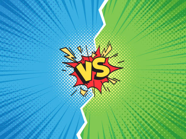 ilustrações de stock, clip art, desenhos animados e ícones de comic frame vs. versus duel battle or team challenge confrontation cartoon comics halftone background illustration vector template - humor