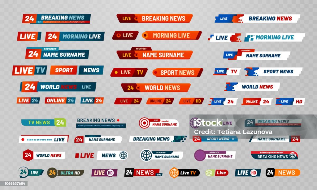 Titre d’émission de TV. Bannières de canaux Television broadcasting, montrent titres et nouvelles live set vector bannière vidéo - clipart vectoriel de Média libre de droits