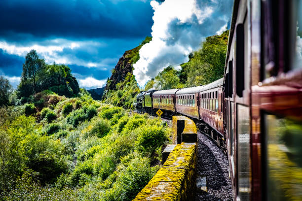 viadotto ferroviario di glenfinnan con treno - glenfinnan foto e immagini stock