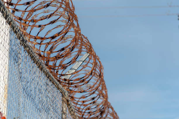 istock barbed wire fence on blue sky 1066642410