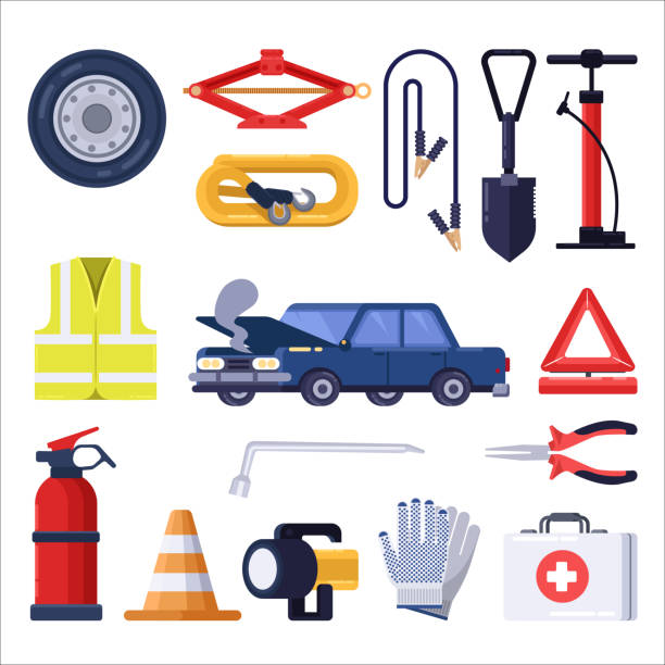 자동차�도 비상 키트입니다. 자동차 수리 및 안전 도구입니다. 벡터 평면 그림 - first aid kit accident safety emergency sign stock illustrations