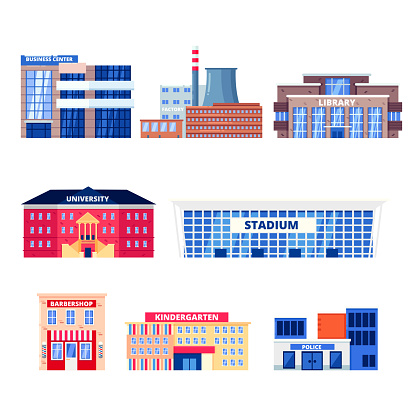 City non-residential buildings, vector icons set. Municipal real estate objects isolated on white background. Business center, factory, university and kindergarten illustration.