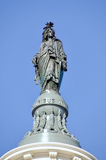 The Statue of Freedom, also known as Armed Freedom or simply Freedom, is a bronze statue designed by Thomas Crawford, that, since 1863, has crowned the dome of the U.S. Capitol building in Washington, D.C.