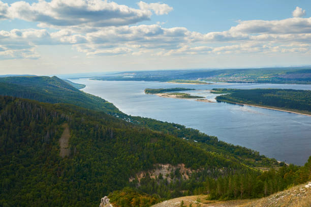 istock River against the blue sky with clouds and forest. 1066644510