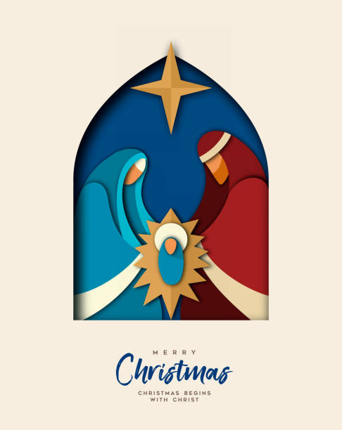 illustrazioni stock, clip art, cartoni animati e icone di tendenza di biglietto di taglio carta di natale per la celebrazione cristiana - presepe