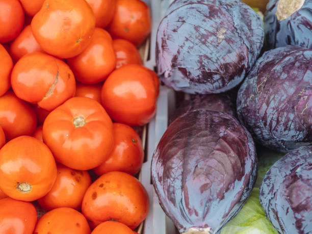 Purple cabbage and Tomato variety on display at the outdoor market.