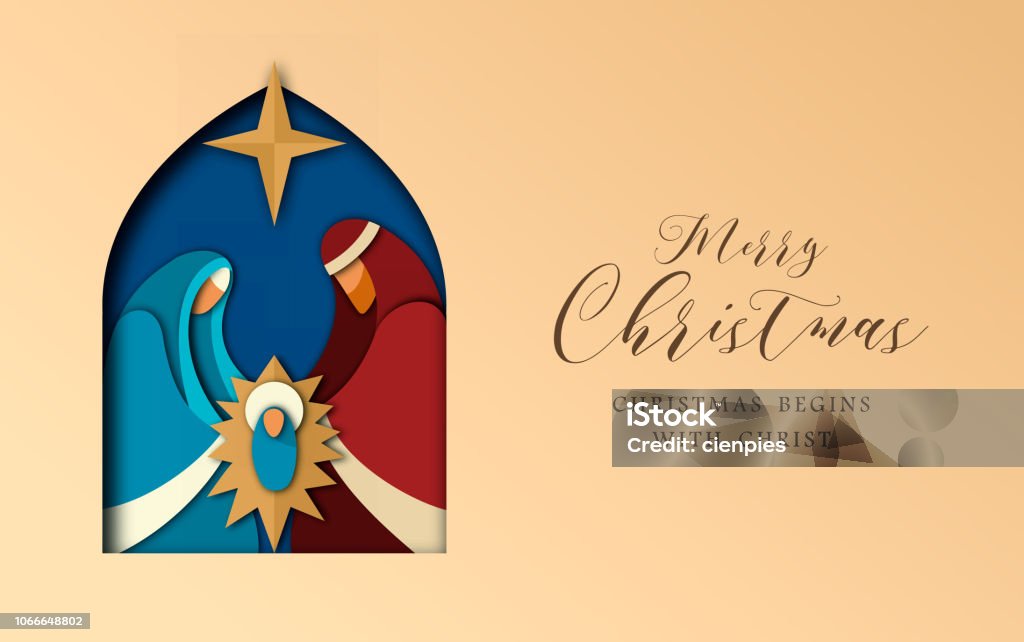 Christmas paper cut card of jesus and holy family Merry Christmas greeting card, holy family illustration in modern layered paper cut style. Religious holiday design of baby jesus christ. Nativity Scene stock vector