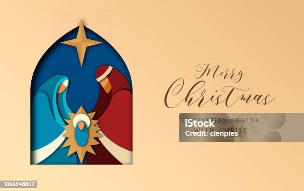 Christmas Paper Cut Card Of Jesus And Holy Family Stock Illustration - Download Image Now - Nativity Scene, Christmas, Religion