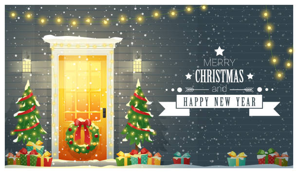 메리 크리스마스와 새 해 복 많이 받으세요 배경 장식된 크리스마스 정문, 벡터, 삽화 - christmas gate wreath house stock illustrations