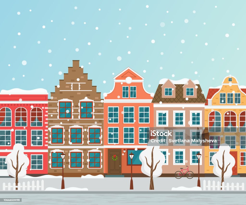 Vector illustration of european winter town. Old houses. Flat design. Architecture stock vector