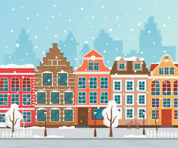 stockillustraties, clipart, cartoons en iconen met vectorillustratie van europese winter stad. oude huizen. - cafe snow