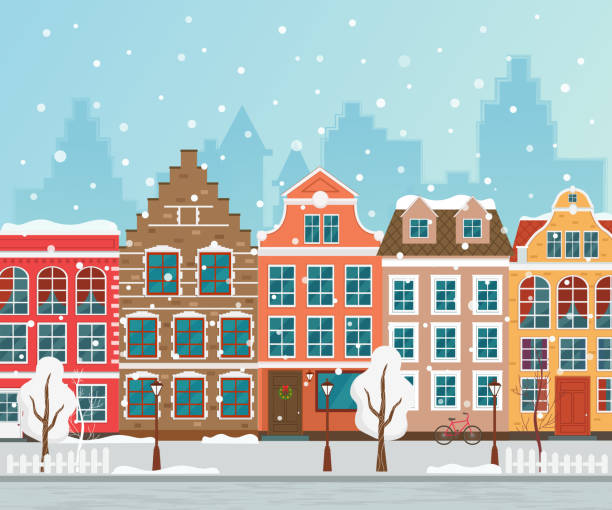 ilustrações, clipart, desenhos animados e ícones de ilustração em vetor de cidade de inverno europeu. casas antigas. - 3879