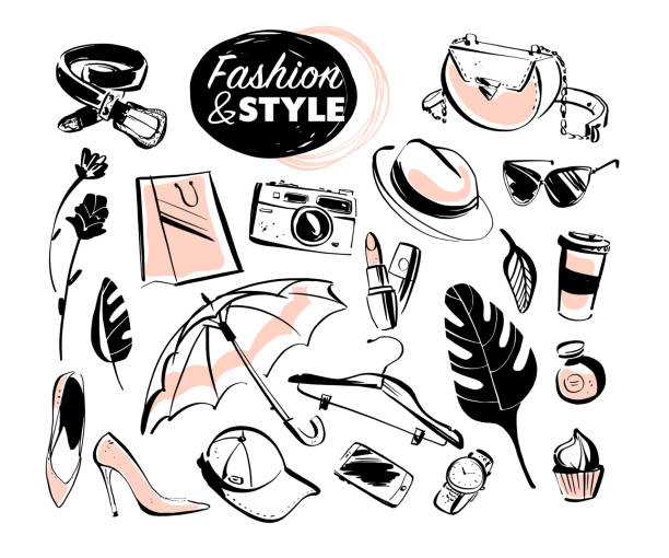 illustrations, cliparts, dessins animés et icônes de jeu de dame moderne fashion éléments & accessoires - chaussures, lunettes, cosmétiques & arôme, monstera vectorielles en feuilles, sac, chapeau, smartphone isolé sur fond blanc. - accessoire