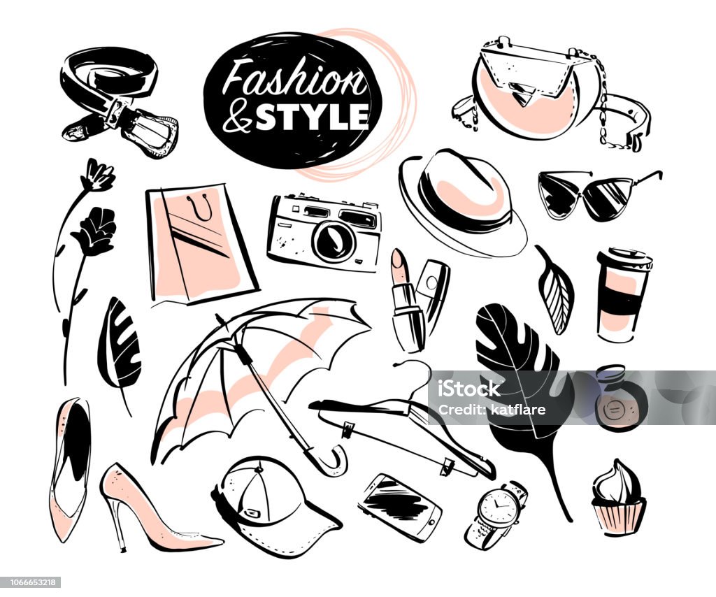 Vector set of modern lady fashion elements & accessories - shoes, glasses, cosmetics & aroma, monstera leaves, shopping bag, hat, smartphone isolated on white background. Vector set of modern lady fashion elements & accessories - shoes, glasses, cosmetics & aroma, monstera leaves, shopping bag, hat, smartphone isolated on white background. Hand drawn sketch style. Fashion stock vector