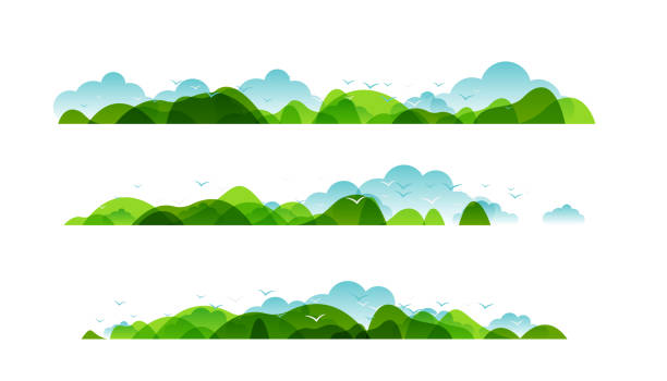 Panoramic of countryside landscapes collection, Horizontal borders of summer or spring landscape with clouds, mountains, hills and flying birds. Panoramic of countryside landscapes collection, Horizontal borders of summer or spring landscape with clouds, mountains, hills and flying birds. hill illustrations stock illustrations