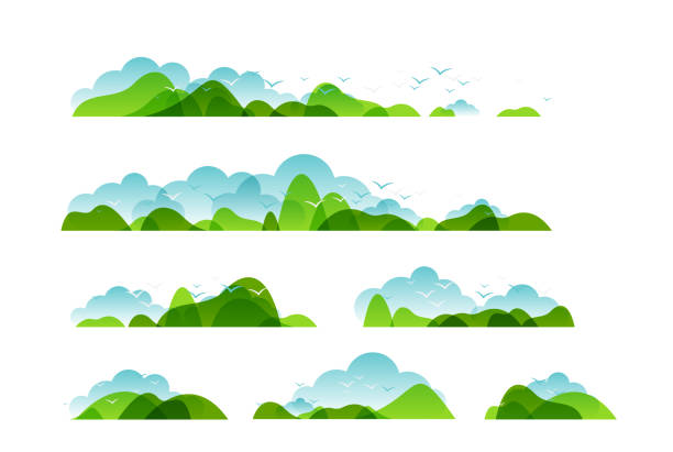 ilustraciones, imágenes clip art, dibujos animados e iconos de stock de panorámica de la colección de paisajes de campo, fronteras horizontales de verano o primavera el paisaje con montañas, colinas, nubes y aves voladoras. - tree silhouette meadow horizon over land