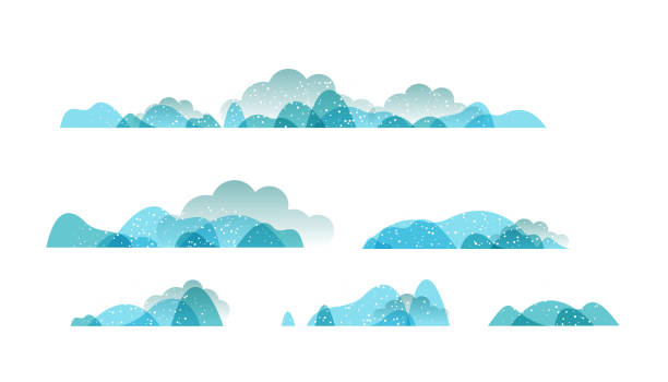 illustrazioni stock, clip art, cartoni animati e icone di tendenza di collezione di paesaggi panoramici di campagna, confini orizzontali del paesaggio invernale con nuvole, montagne, colline e neve. - panoramic mountain cloudscape borders