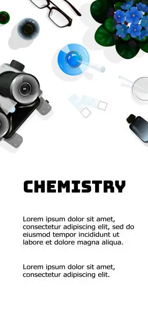 Vector illustration of Vertical flyer template with chemistry theme. Top view on the table with education tools for chemistry or biology. Vector illustration on white background