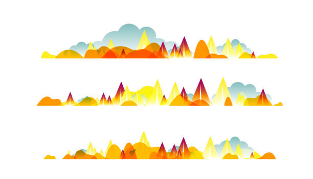 ilustraciones, imágenes clip art, dibujos animados e iconos de stock de panorámica de campo colección de paisajes, fronteras horizontales de otoño paisaje con nubes, montañas, colinas y árboles. - tree silhouette meadow horizon over land