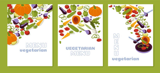 ilustraciones, imágenes clip art, dibujos animados e iconos de stock de sistema de menú de restaurante vegetariano. ilustraciones isométricas de vectores para alimentos frescas y productos naturales - healthy eating backgrounds freshness luxury