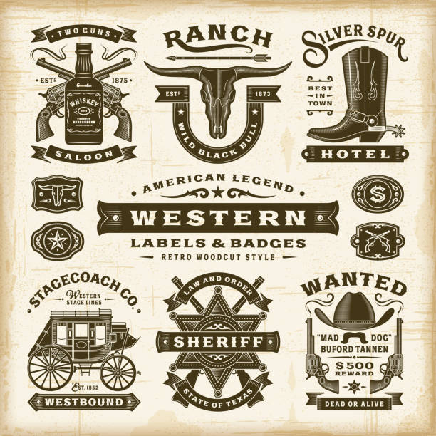 illustrations, cliparts, dessins animés et icônes de vintage western étiquettes et insignes set - west