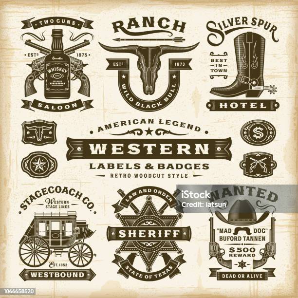 Vintage Western Étiquettes Et Insignes Set Vecteurs libres de droits et plus d'images vectorielles de L'Ouest américain - L'Ouest américain, Cow-boy, Logo