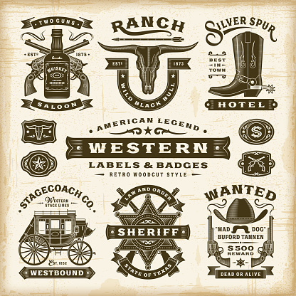 Vintage western labels and badges set in woodcut style. Editable EPS10 vector illustration with transparency.