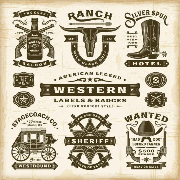 Vector illustration of Vintage Western Labels And Badges Set