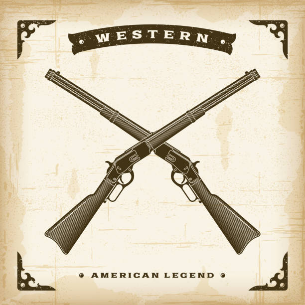 illustrazioni stock, clip art, cartoni animati e icone di tendenza di fucili occidentali vintage - rifle gun old wild west