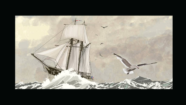 ilustraciones, imágenes clip art, dibujos animados e iconos de stock de antiguo velero en un mar - sailing ship industrial ship horizon shipping
