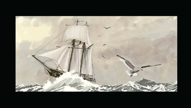 Vector illustration of Old sailing ship on a rough sea