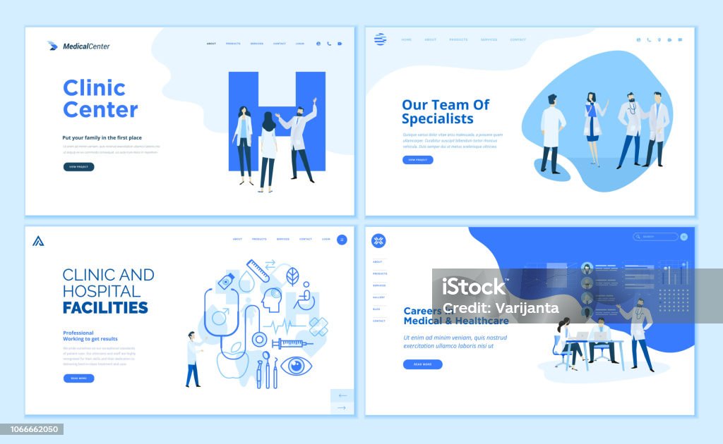 Web page design templates collection of clinic center, hospital facilities, medical career, team of doctors Modern vector illustration concepts for website and mobile website development. Healthcare And Medicine stock vector