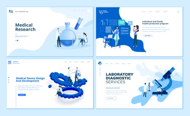 Web page design templates collection of medical research, laboratory diagnostic, medical device development, family health protection program. Modern vector illustration concepts for website and mobile website development. science lab stock illustrations