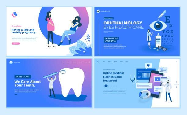 stockillustraties, clipart, cartoons en iconen met webpagina ontwerp templates-collectie van gynaecologie, oftalmologie, tandverzorging, online medische diagnose en behandeling - tandheelkundige gezondheid illustraties