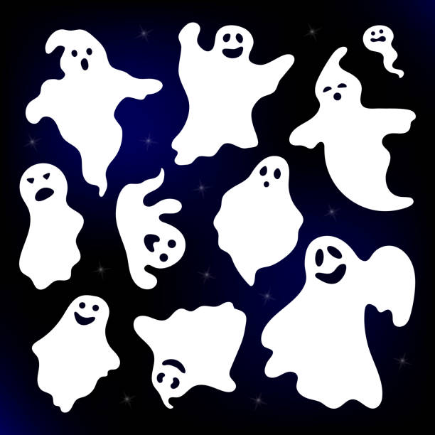 istock Vector Illustration. Set of Ghost in cartoon style. Spooky icon on sky background with stars 1066662564