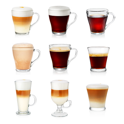 Different types of coffee isolated on white. Cafe menu. Set of different cups