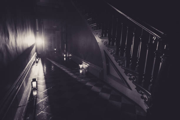istock Spooky Old Haunted House Stair Bannister, Checkered Floor, Lanterns 1066670546