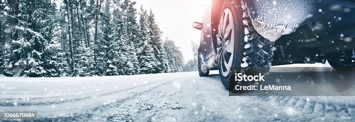 istock Closeup of car tires in winter on the road 1066670684