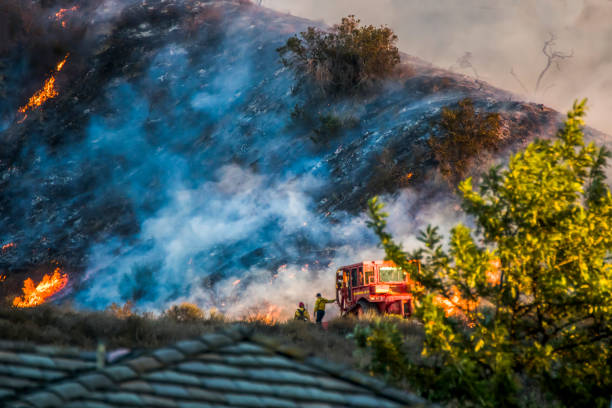 Two Firefighters and Bulldozer with Brushfire Burning Hillside stock photo