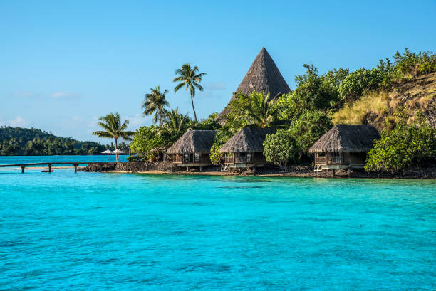 wioska na dachu trzechą - bora bora polynesia beach bungalow zdjęcia i obrazy z banku zdjęć
