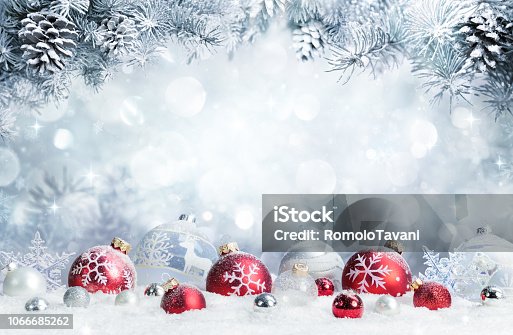 istock Merry Christmas - Baubles On Snow With Fir Branches 1066685262