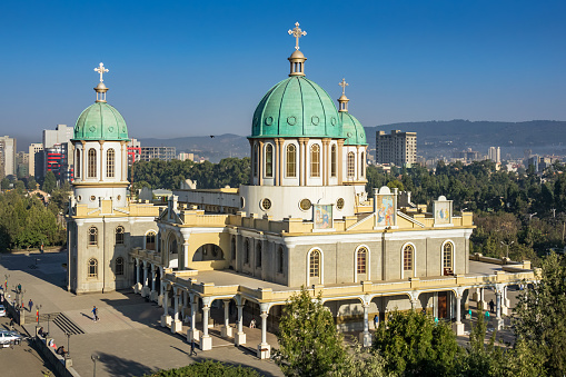 Stock photograph of the landmark Medhane Alem Cathedral, meaning Saviour of the World, in Addis Ababa, Ethiopia on a sunny day.
