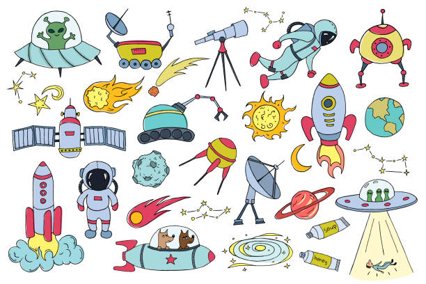 Set of different space objects. Set of different space objects. Hand drawn sketch. Vector illustration. astronaut drawings stock illustrations