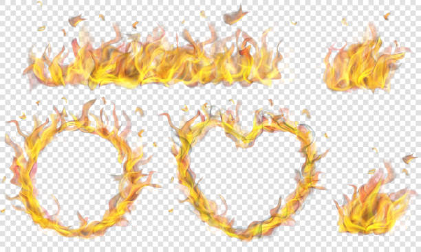 Symbols made of fire flame Translucent heart, ring, campfire and long banner of fire flame on transparent background. Transparency only in vector format glow in the dark hearts background stock illustrations