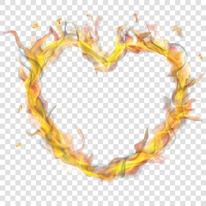 Translucent heart of fire flame with smoke on transparent background. Transparency only in vector format