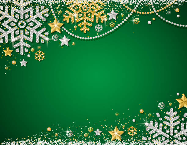 緑の黄金と銀のきらびやかな雪、星や花輪のフレームとクリスマスの背景、ベクトル イラスト - christmas gold green backgrounds点のイラスト素材／クリップアート素材／マンガ素材／アイコン素材