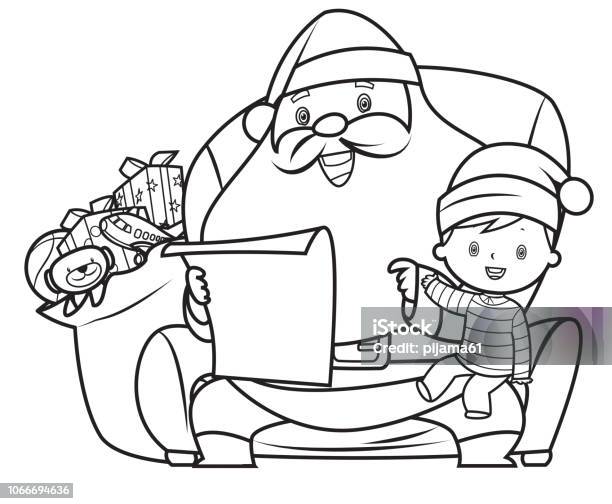 Santa Claus And Child Sitting On Chair With Stock Illustration - Download Image Now - Christmas, Coloring, Black And White